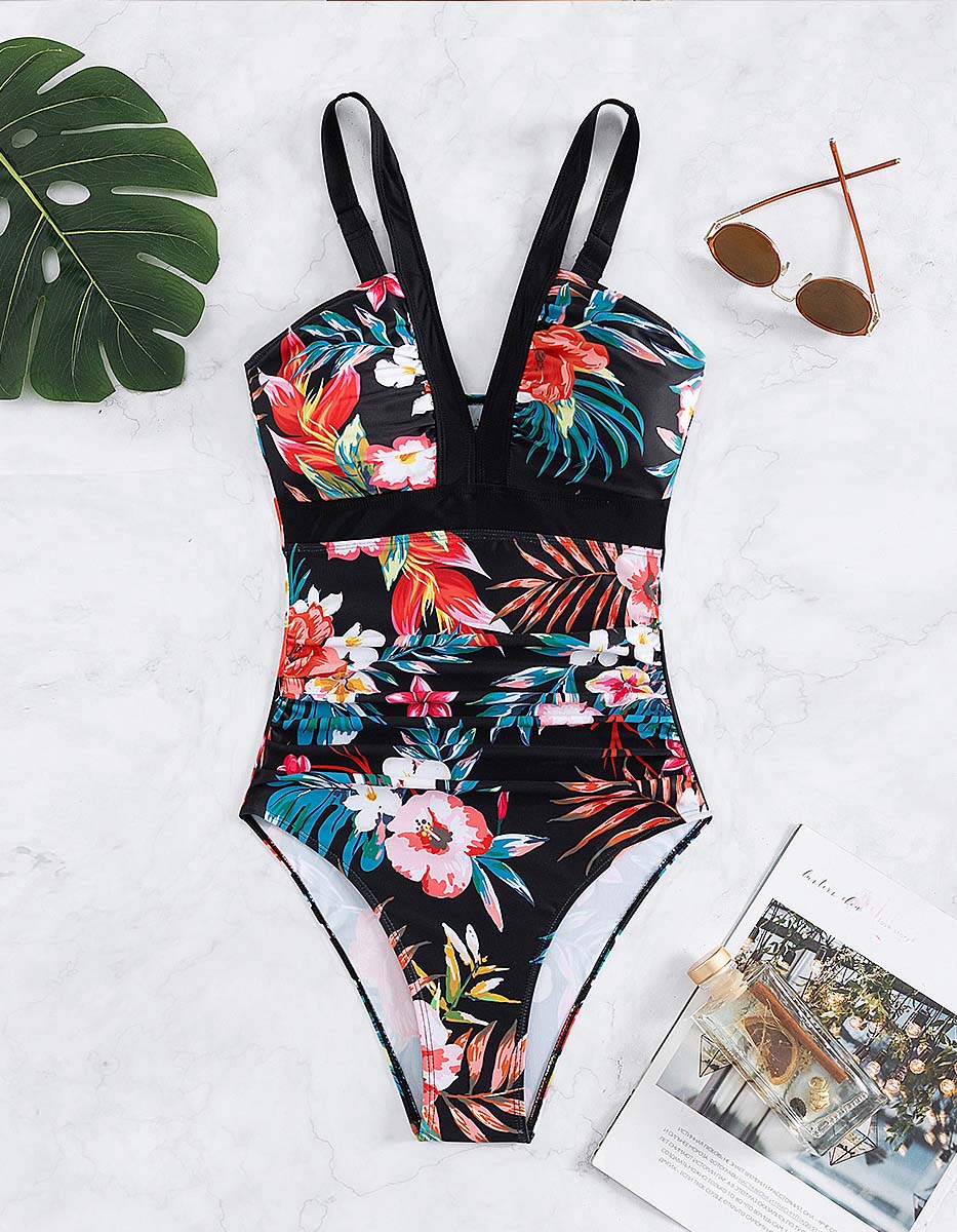 Floral Print Strap One-piece Backless Bikini Swimwear